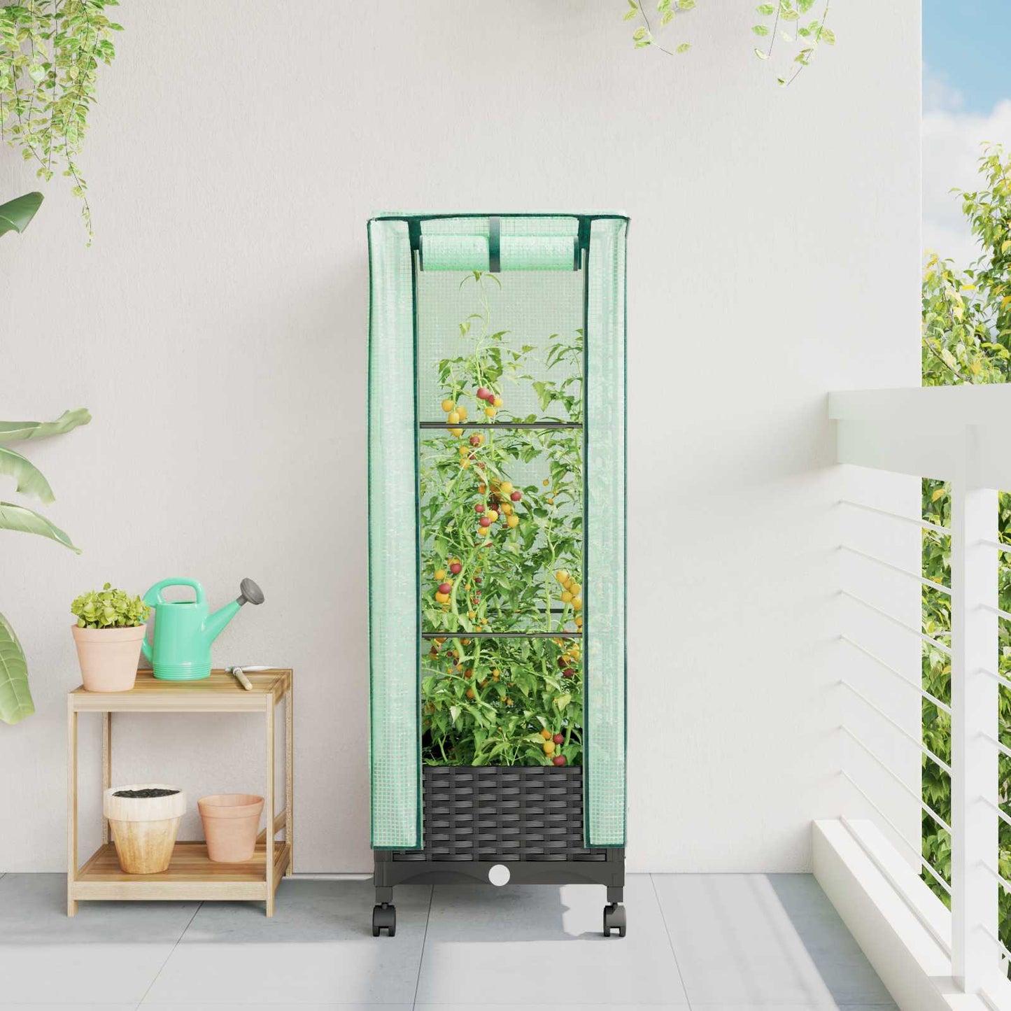 Gartenplanter Mit Gewächshausabdeckung Und Rädern Schwarz Pp