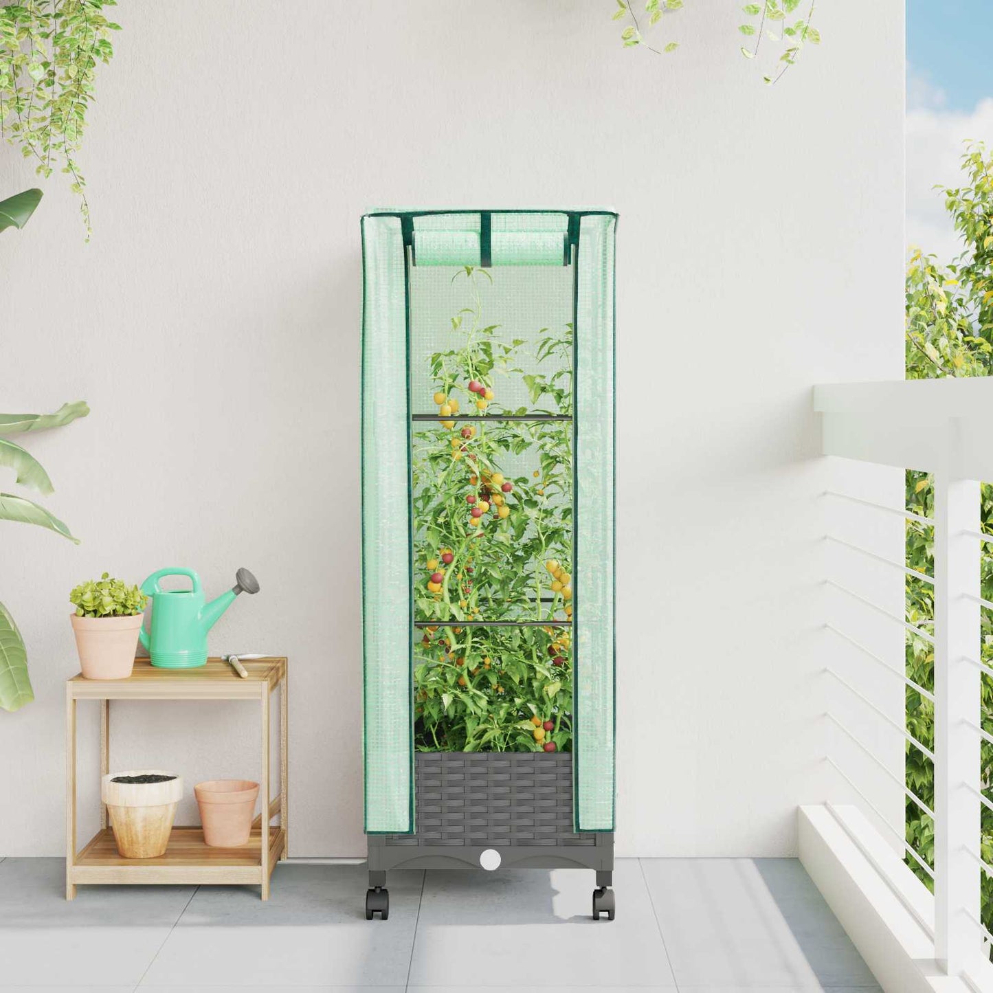 Gartenplanter Mit Gewächshausabdeckung Und Rädern Hellgrau Pp