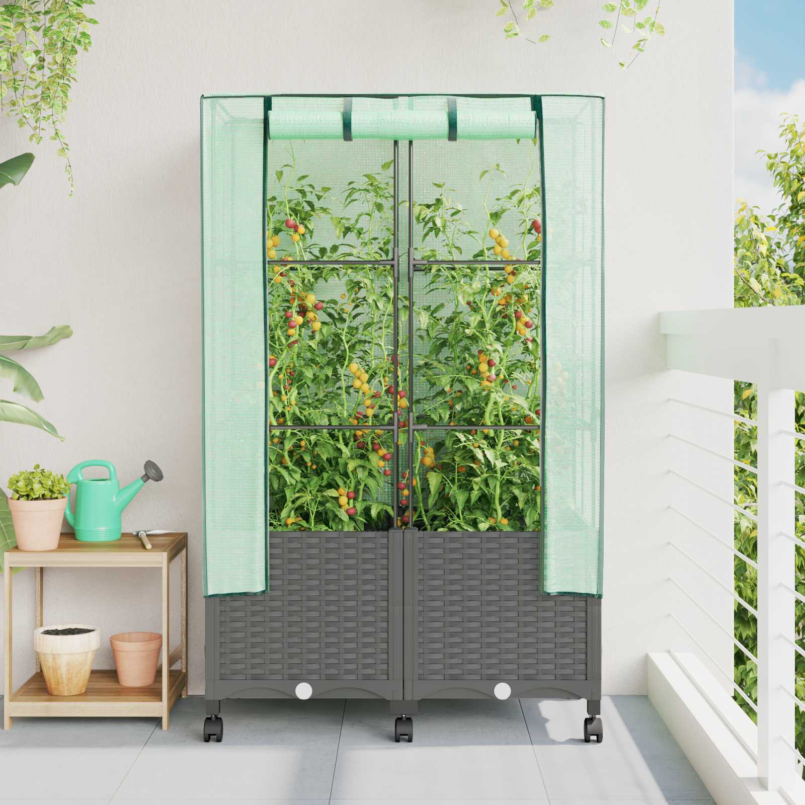 Gartenplanter Mit Gewächshausabdeckung Und Rädern 2 Stk. Pp