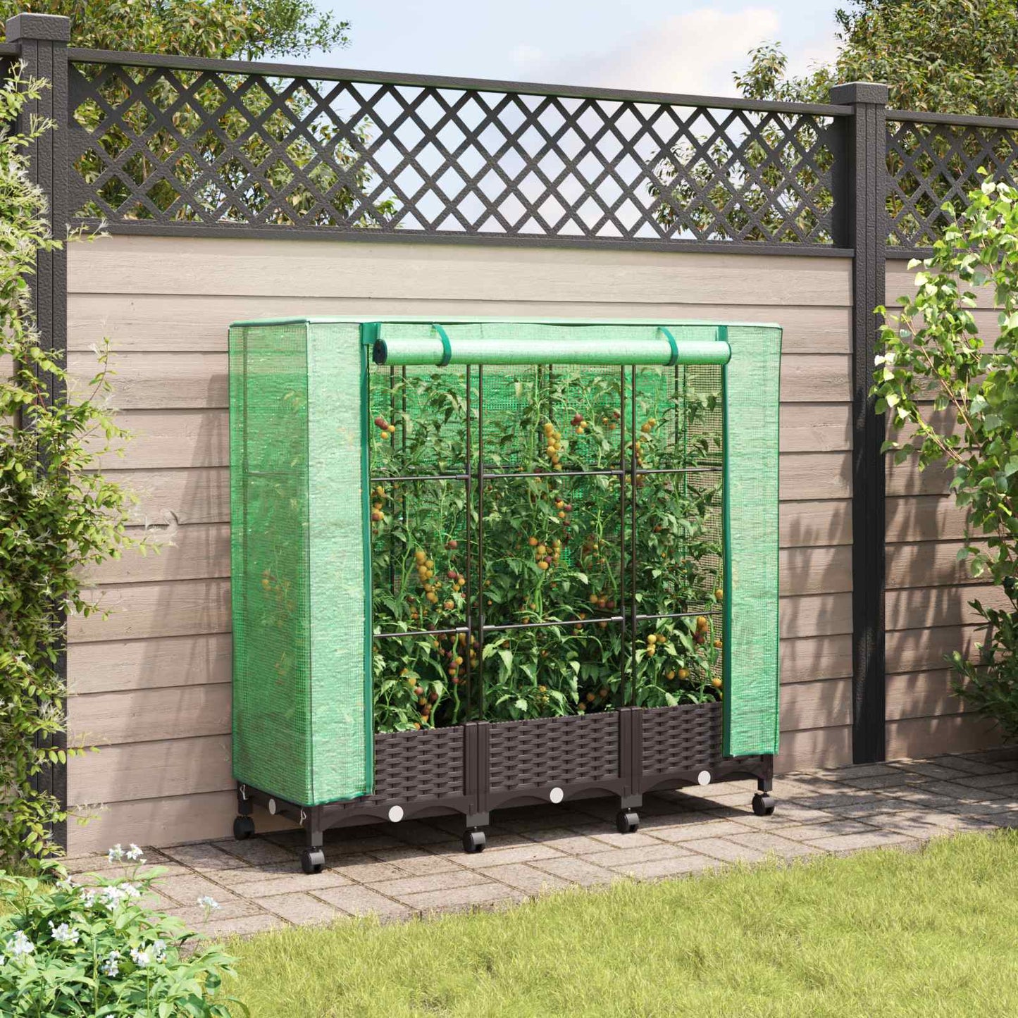 Gartenplanter Mit Gewächshausabdeckung Und Rädern 3 Stk. Braun Hellgrau