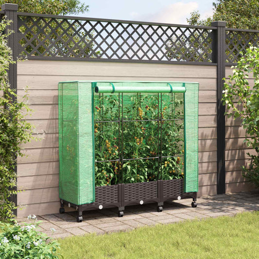 Gartenplanter Mit Gewächshausabdeckung Und Rädern 3 Stk. Braun Hellgrau