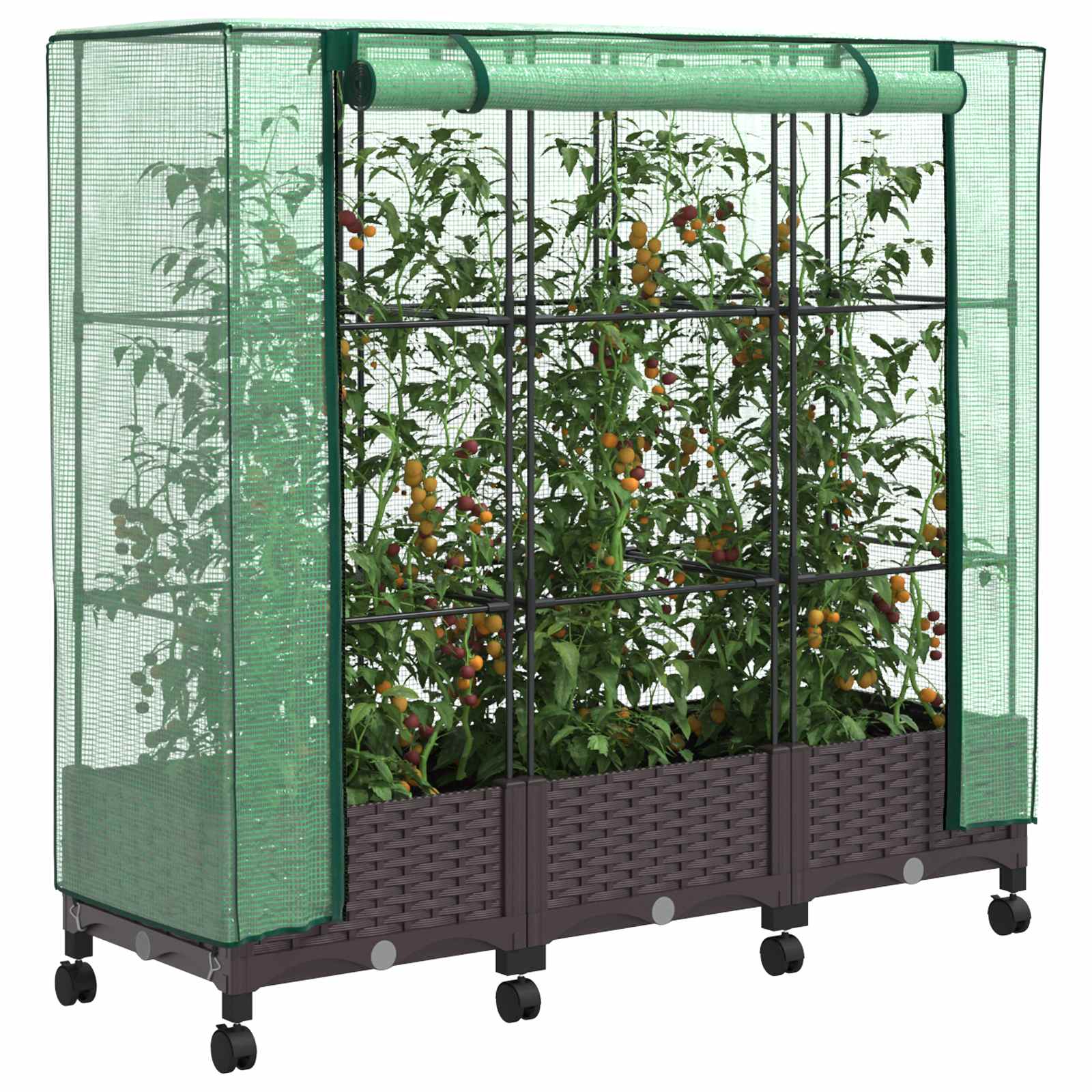 Gartenplanter Mit Gewächshausabdeckung Und Rädern 3 Stk. Braun Hellgrau