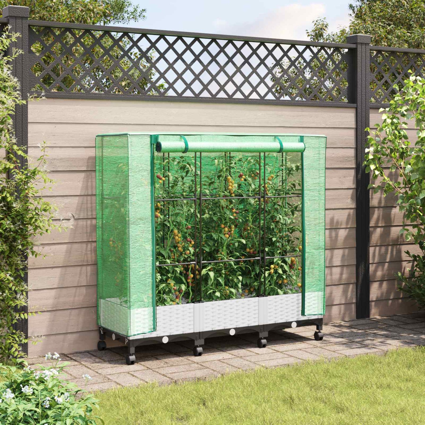 Gartenplanter Mit Gewächshausabdeckung Und Rädern 3 Stk. Weiß Hellgrau
