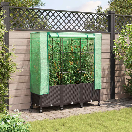 Gartenplanter Mit Gewächshausabdeckung Und Rädern 3 Stk. Braun Hellgrau