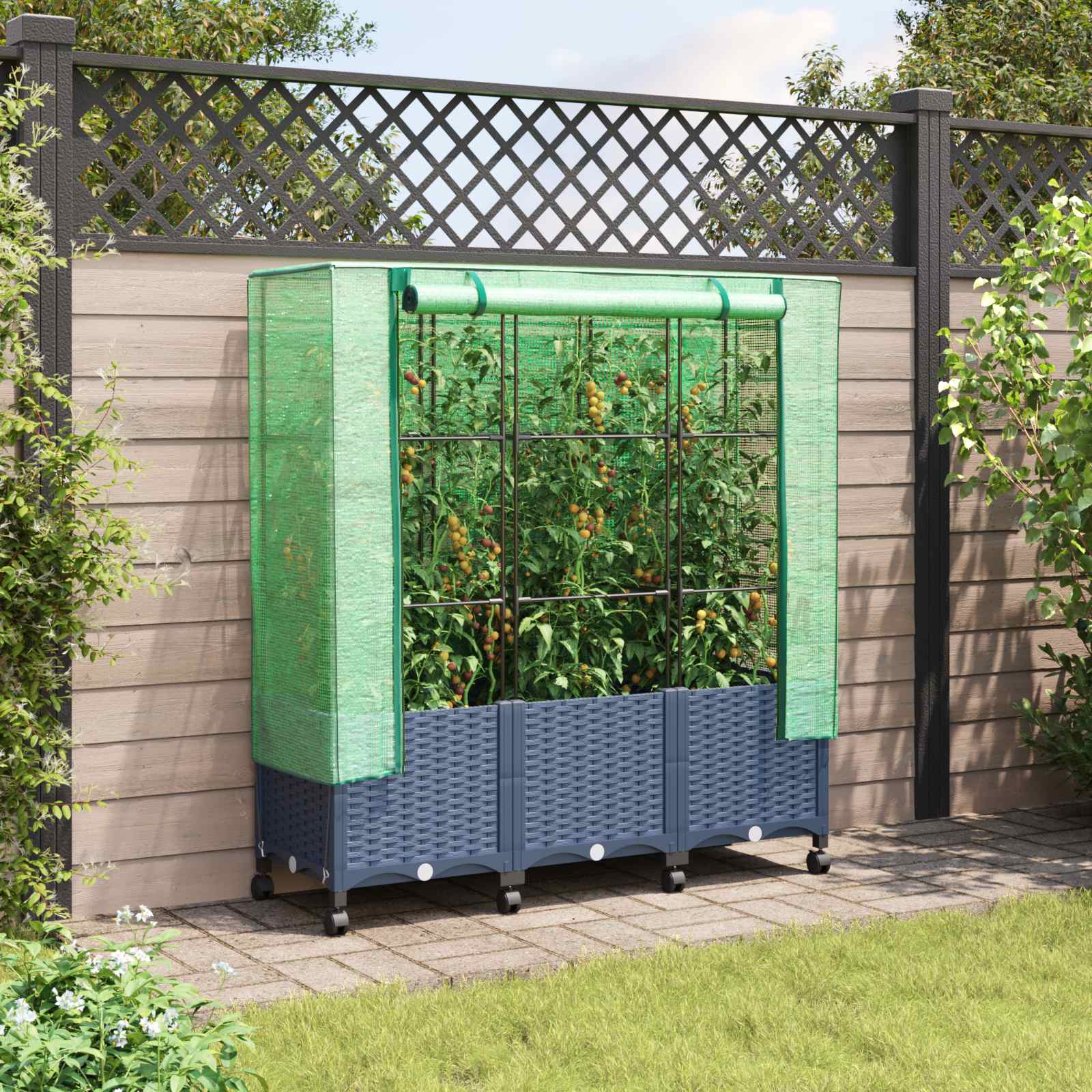 Gartenplanter Mit Gewächshausabdeckung Und Rädern 3 Stk. Pp Hellgrau
