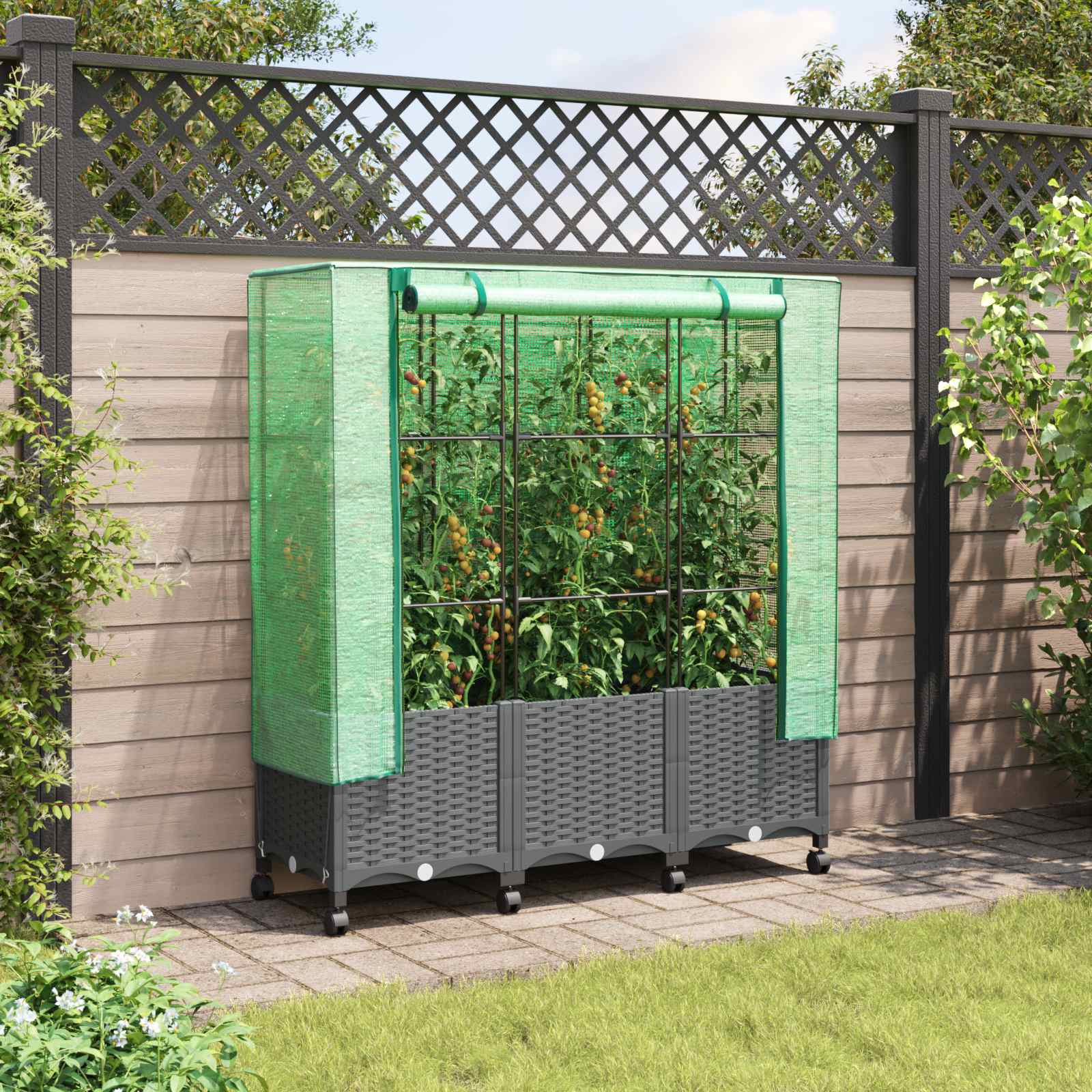 Gartenplanter Mit Gewächshausabdeckung Und Rädern 3 Stk. Pp Hellgrau