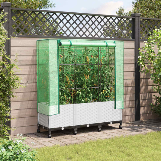 Gartenplanter Mit Gewächshausabdeckung Und Rädern 3 Stk. Weiß Hellgrau