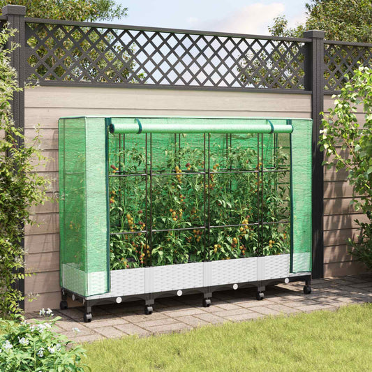 Gartenplanter Mit Gewächshausabdeckung Und Rädern 4 Stk. Weiß Hellgrau