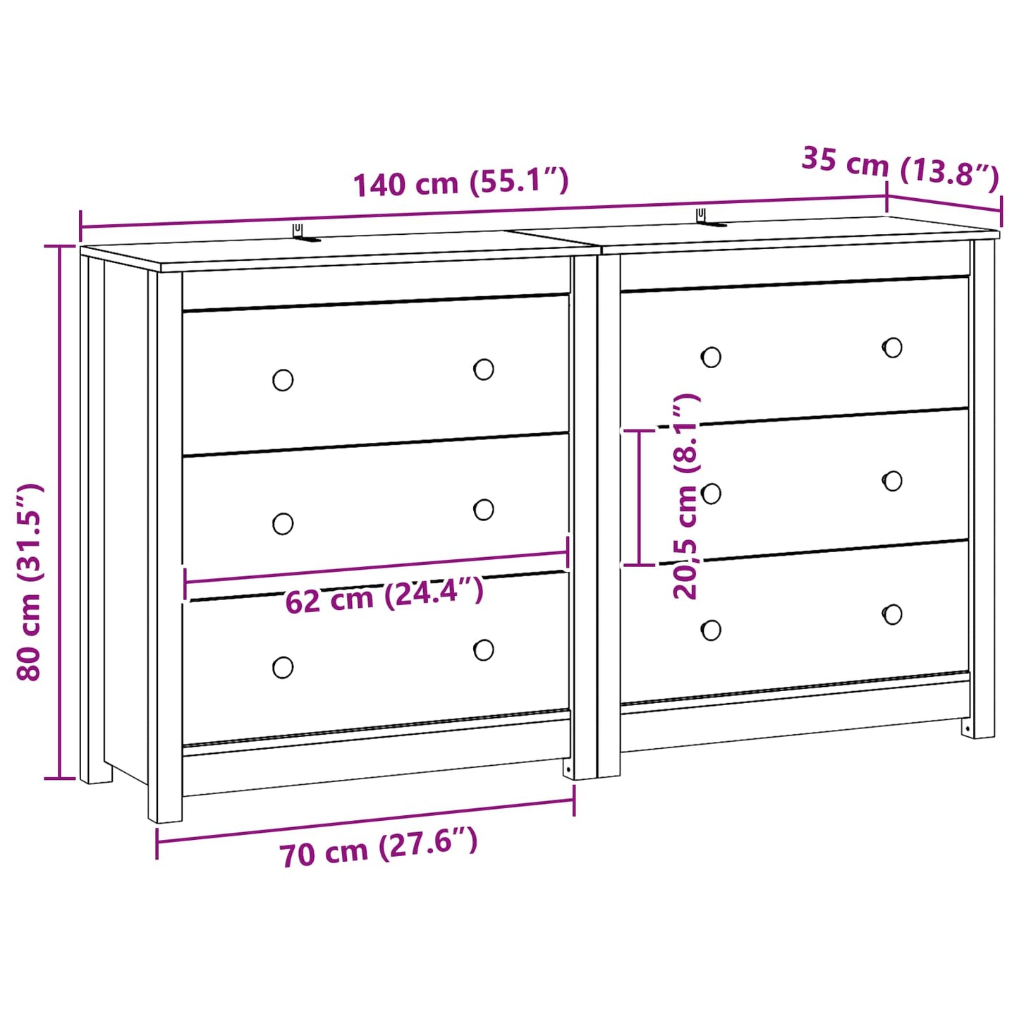 Sideboard Mit Schubladen 2 Pcs Wachsbraun 140 X 35 X 80 Cm