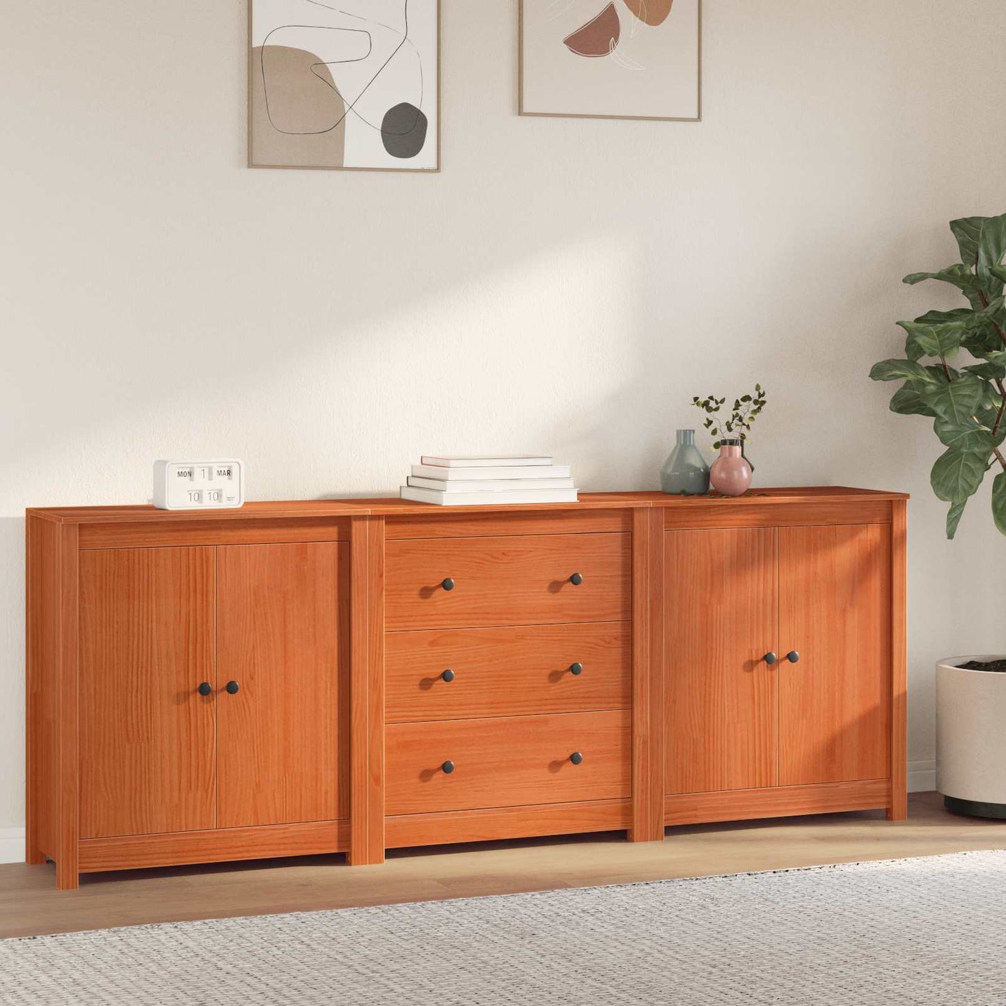Sideboard Mit Schubladen 3 Pcs Wachsbraun Massives Kiefernholz