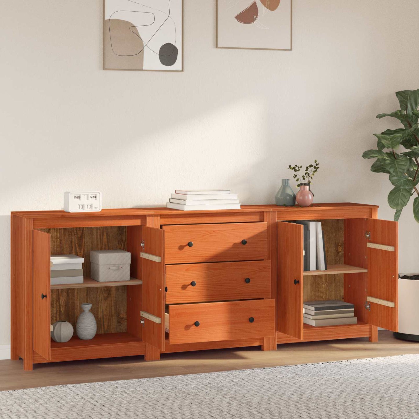 Sideboard Mit Schubladen 3 Pcs Wachsbraun Massives Kiefernholz