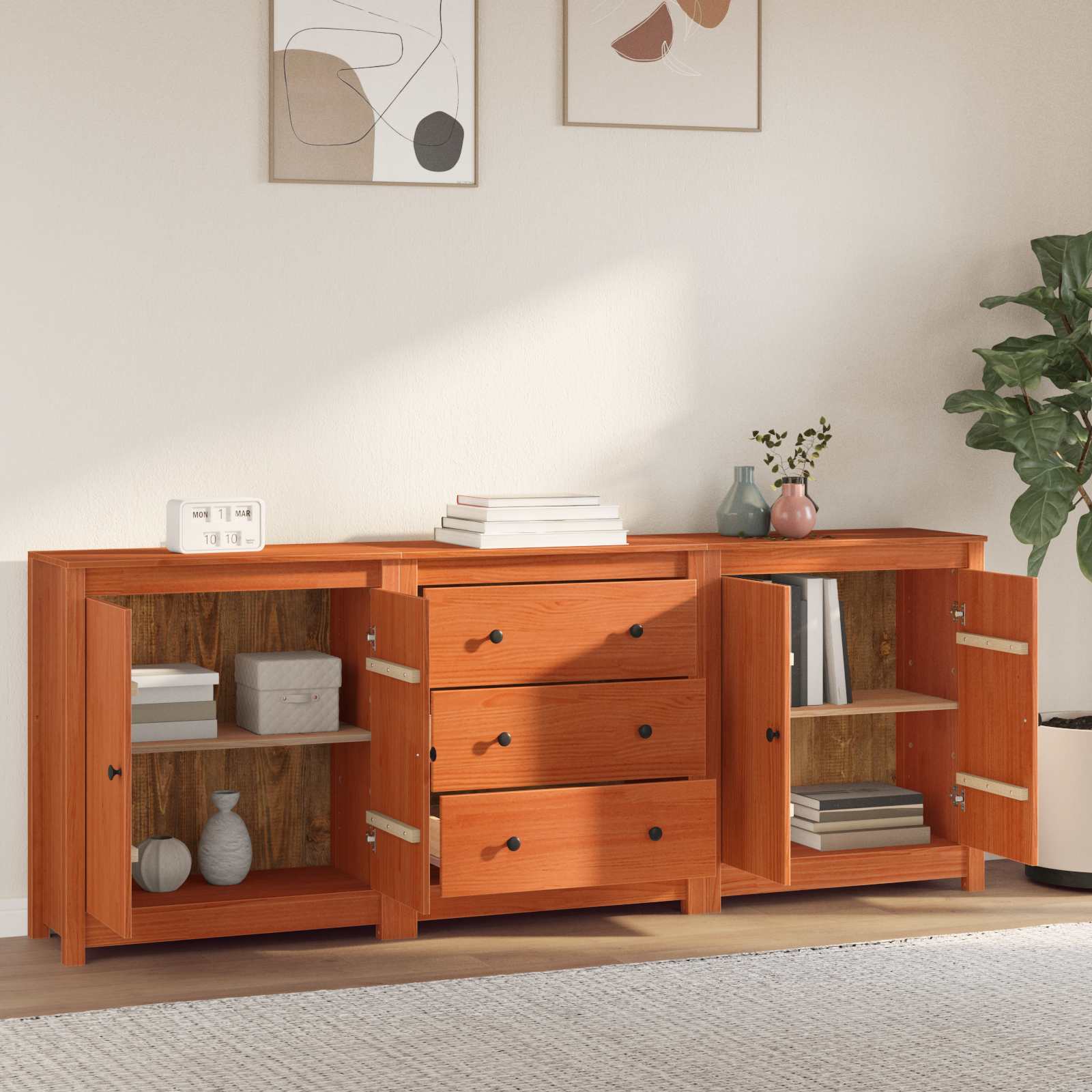 Sideboard Mit Schubladen 3 Pcs Wachsbraun Massives Kiefernholz