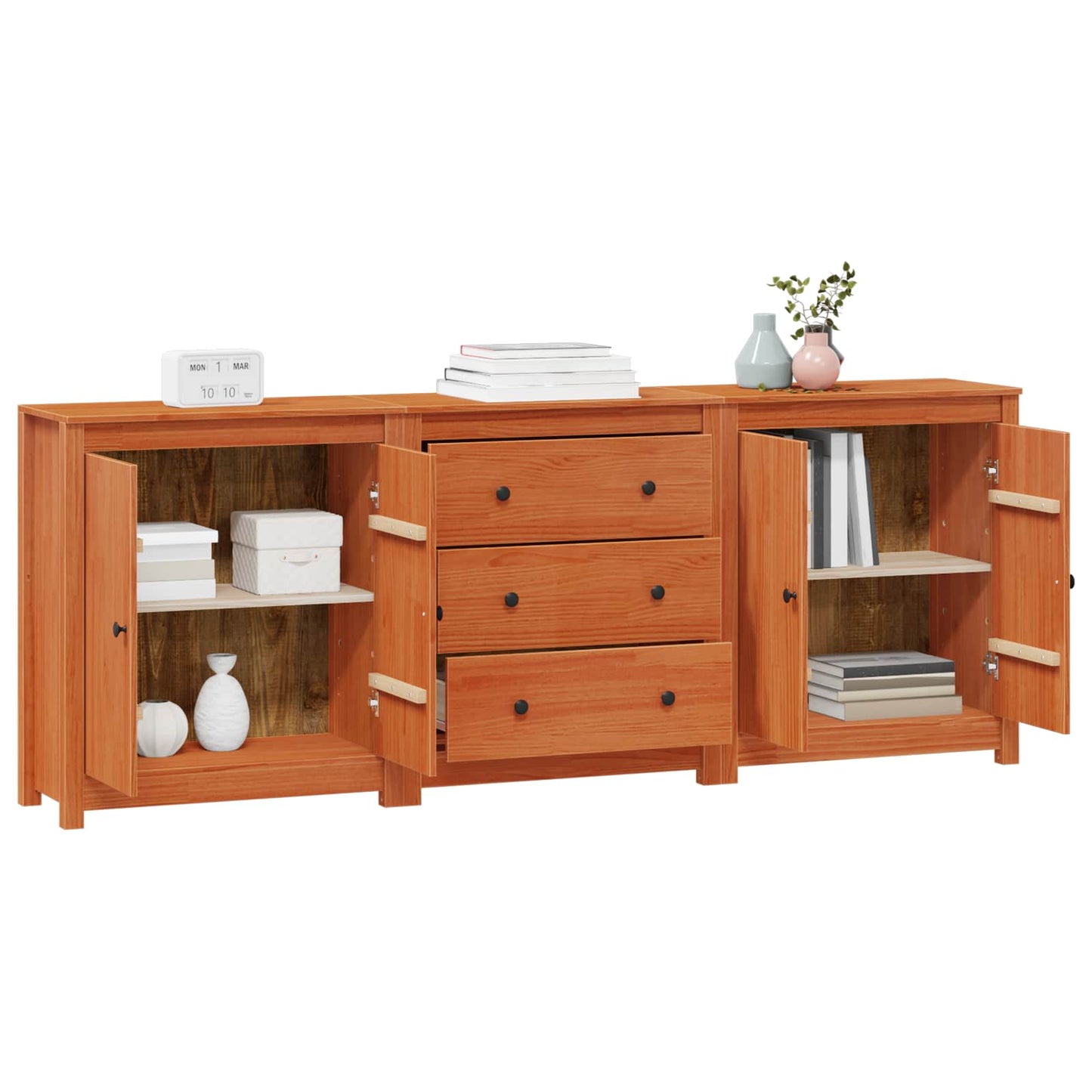 Sideboard Mit Schubladen 3 Pcs Wachsbraun Massives Kiefernholz