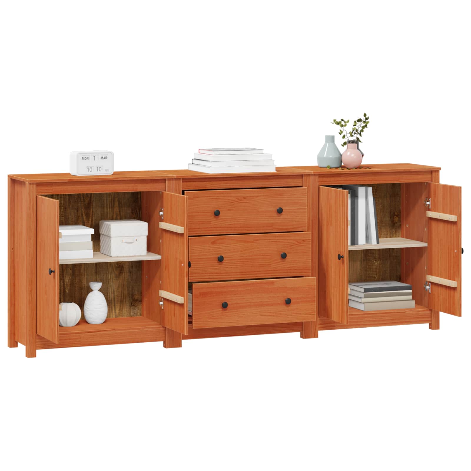 Sideboard Mit Schubladen 3 Pcs Wachsbraun Massives Kiefernholz