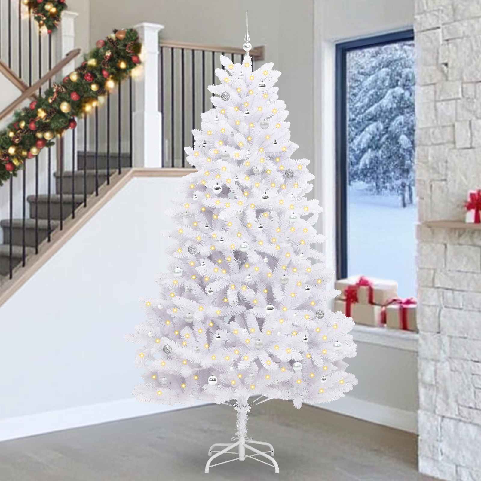 Künstlicher Klappbarer Weihnachtsbaum Weiß Pvc Und Stahl