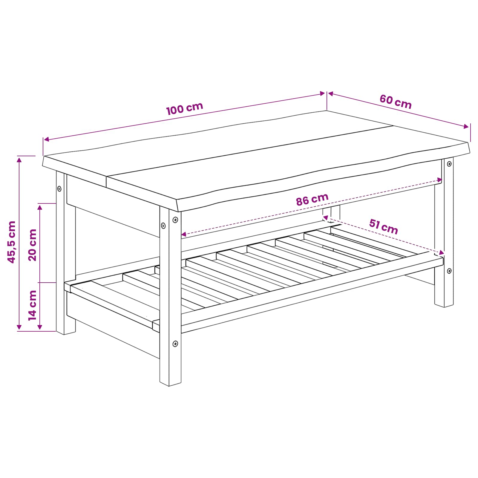 Couchtisch Ekai 100 X 60 X 45,5 Cm Massives Kiefernholz