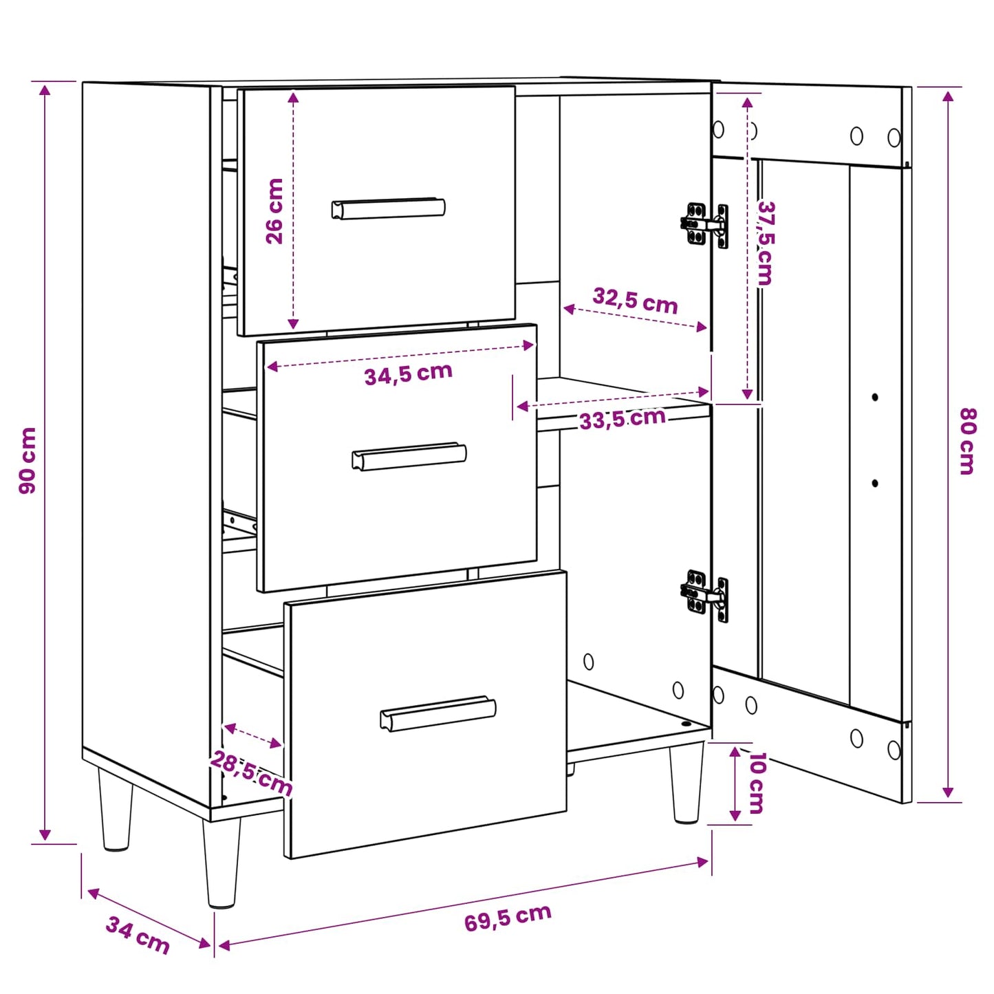 Sideboard 69,5 X 34 X 90 Cm Holzwerkstoff