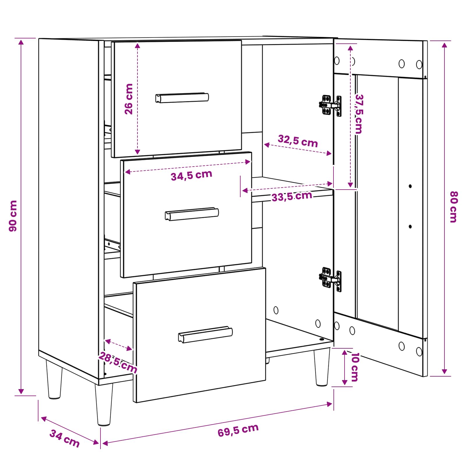 Sideboard 69,5 X 34 X 90 Cm Holzwerkstoff