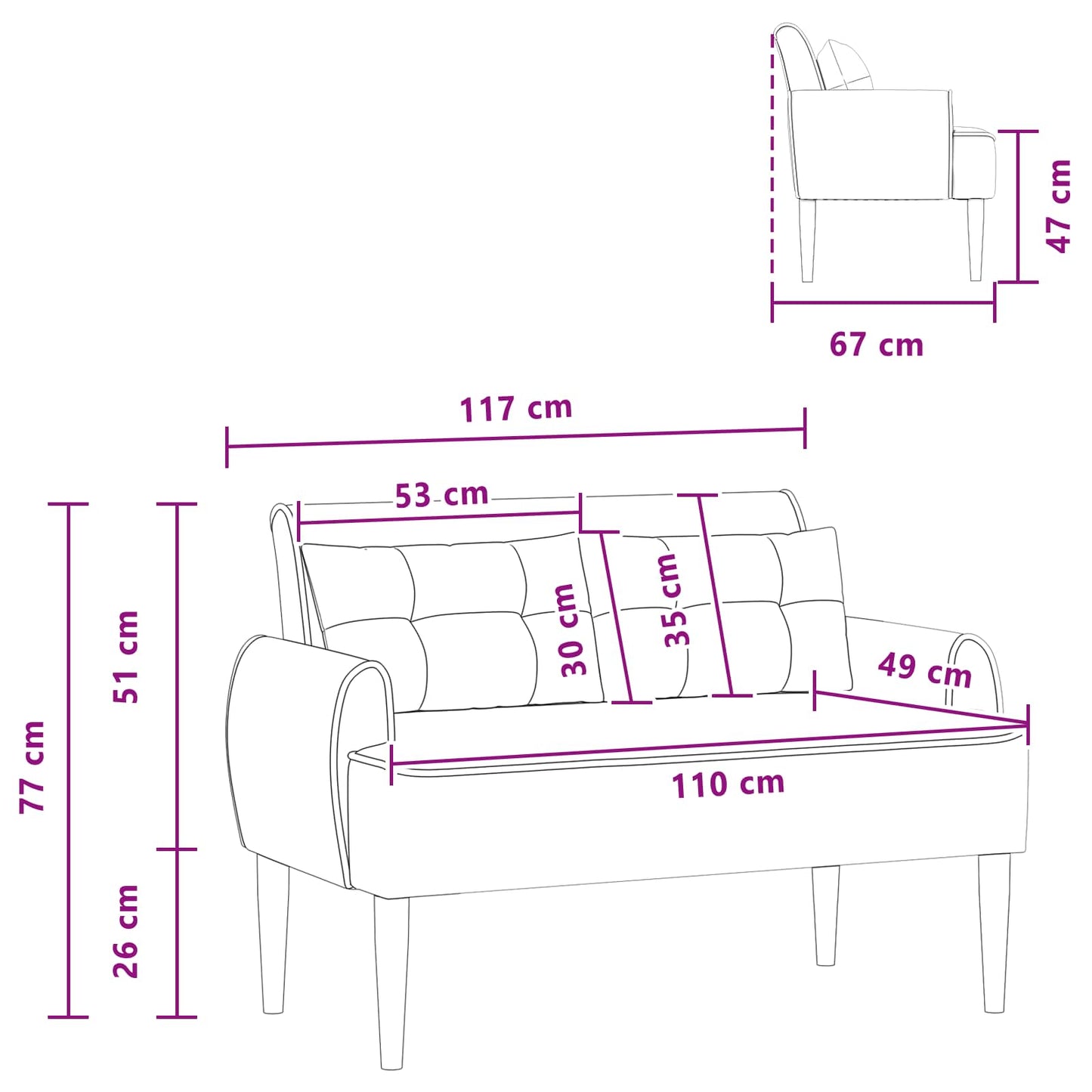 Zweisitzer Mit Knopfheftung Schwarz 117 X 67 X 77 Cm Bouclé