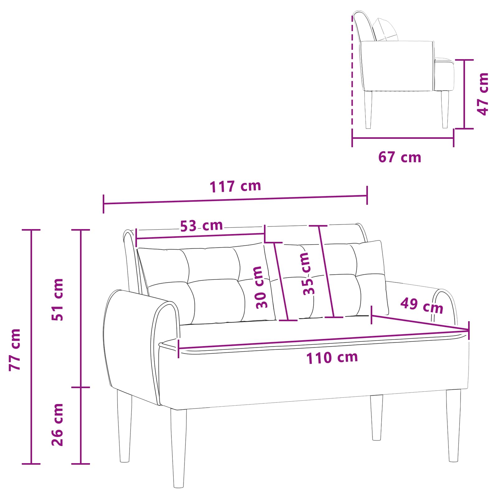 Zweisitzer Mit Knopfheftung Schwarz 117 X 67 X 77 Cm Bouclé