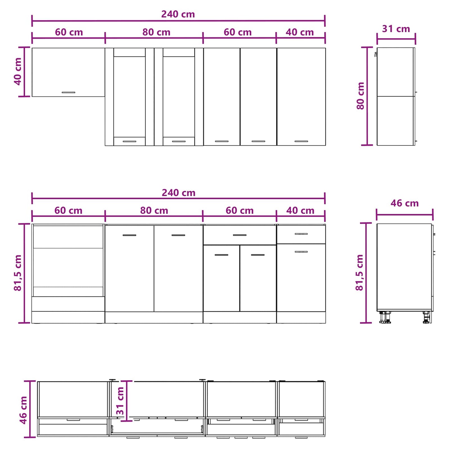 Kücheneinheit Lyon 8 Pcs Schwarze Eiche Holzwerkstoff