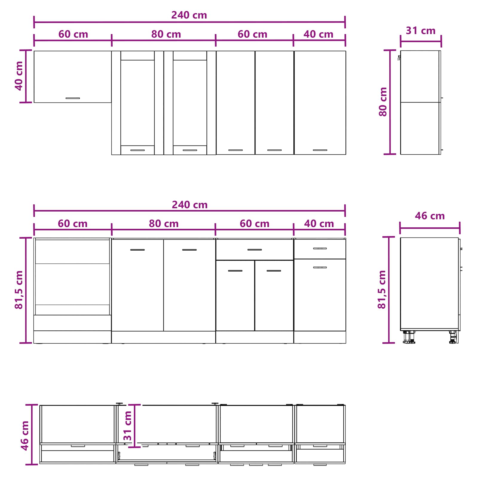 Kücheneinheit Lyon 8 Pcs Schwarze Eiche Holzwerkstoff