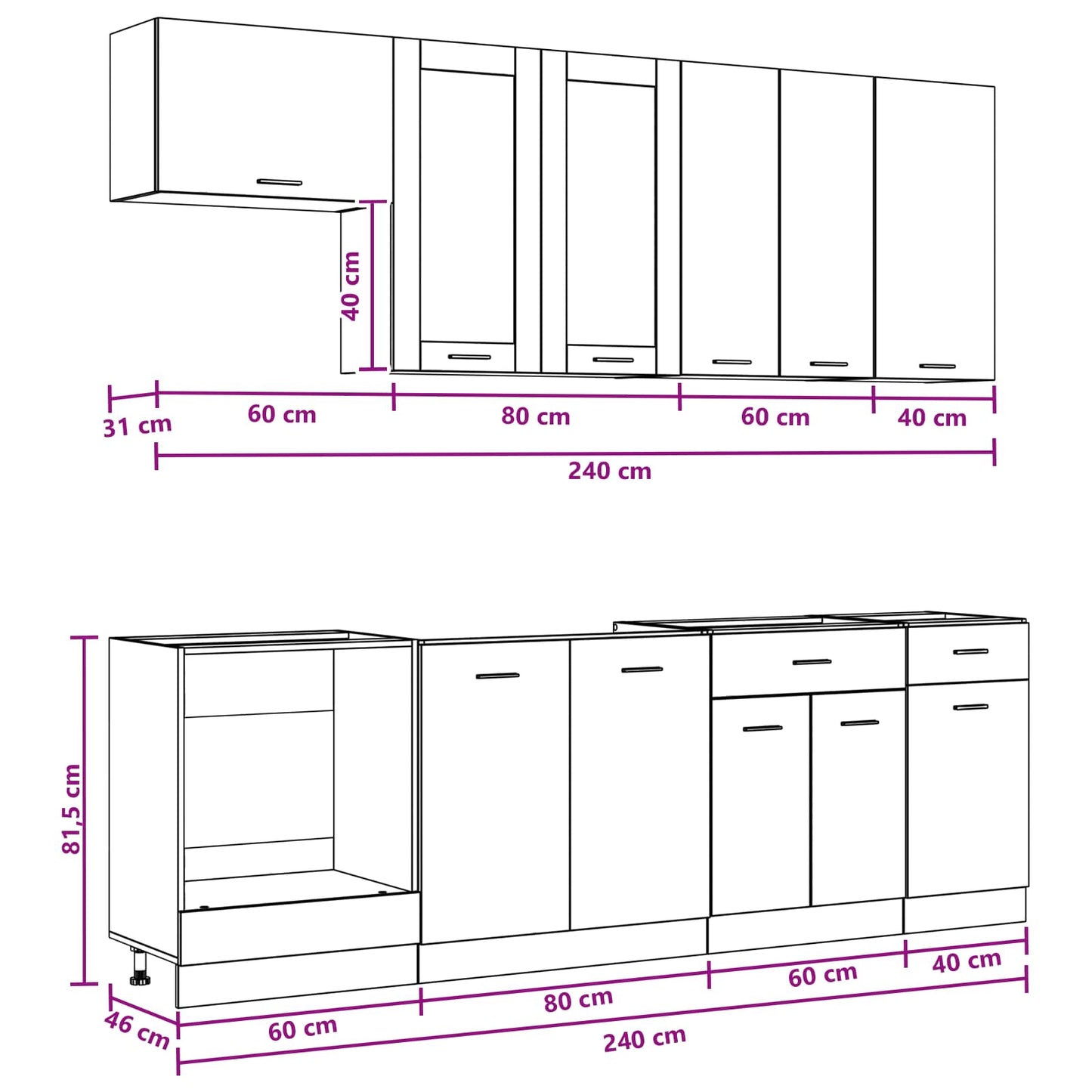 Kücheneinheit Lyon 8 Pcs Schwarze Eiche Holzwerkstoff