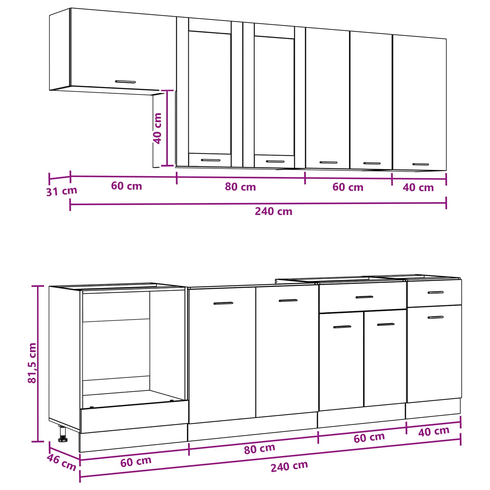 Kücheneinheit Lyon 8 Pcs Schwarze Eiche Holzwerkstoff