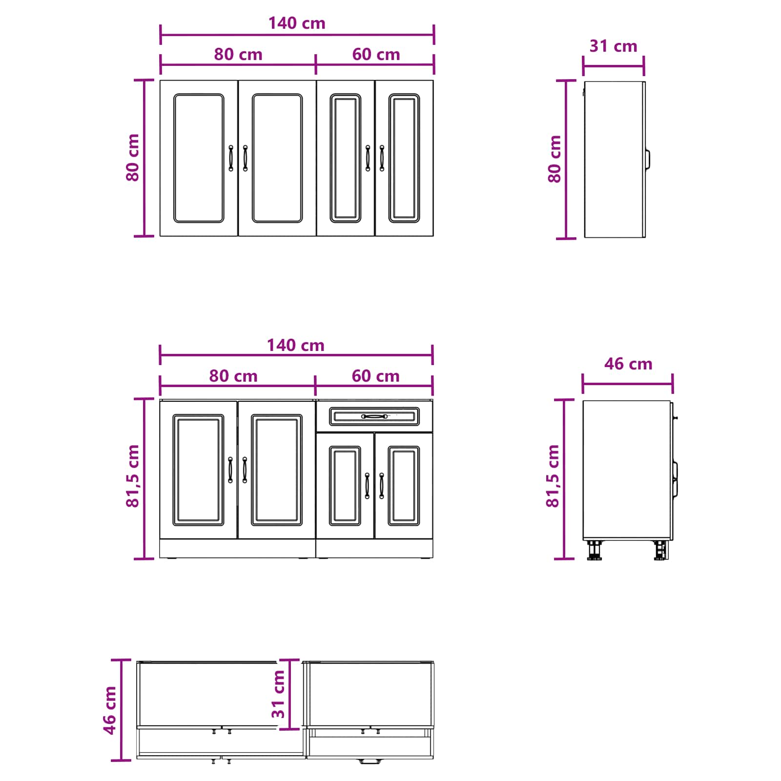 Kücheneinheit Kalmar 4 Pcs Betongrau Holzwerkstoff