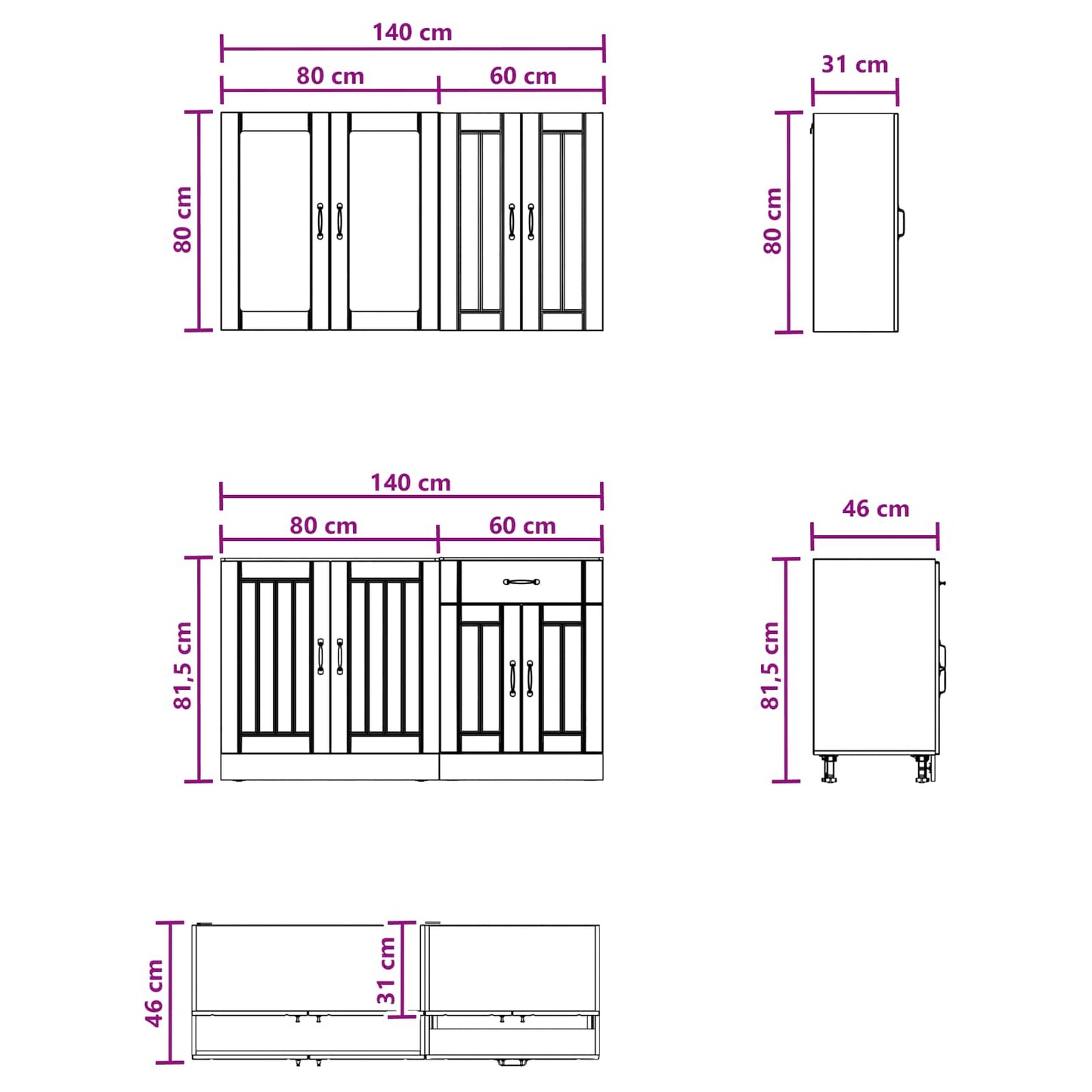 Kücheneinheit Lucca 4 Pcs Hochglanz Weiß Holzwerkstoff