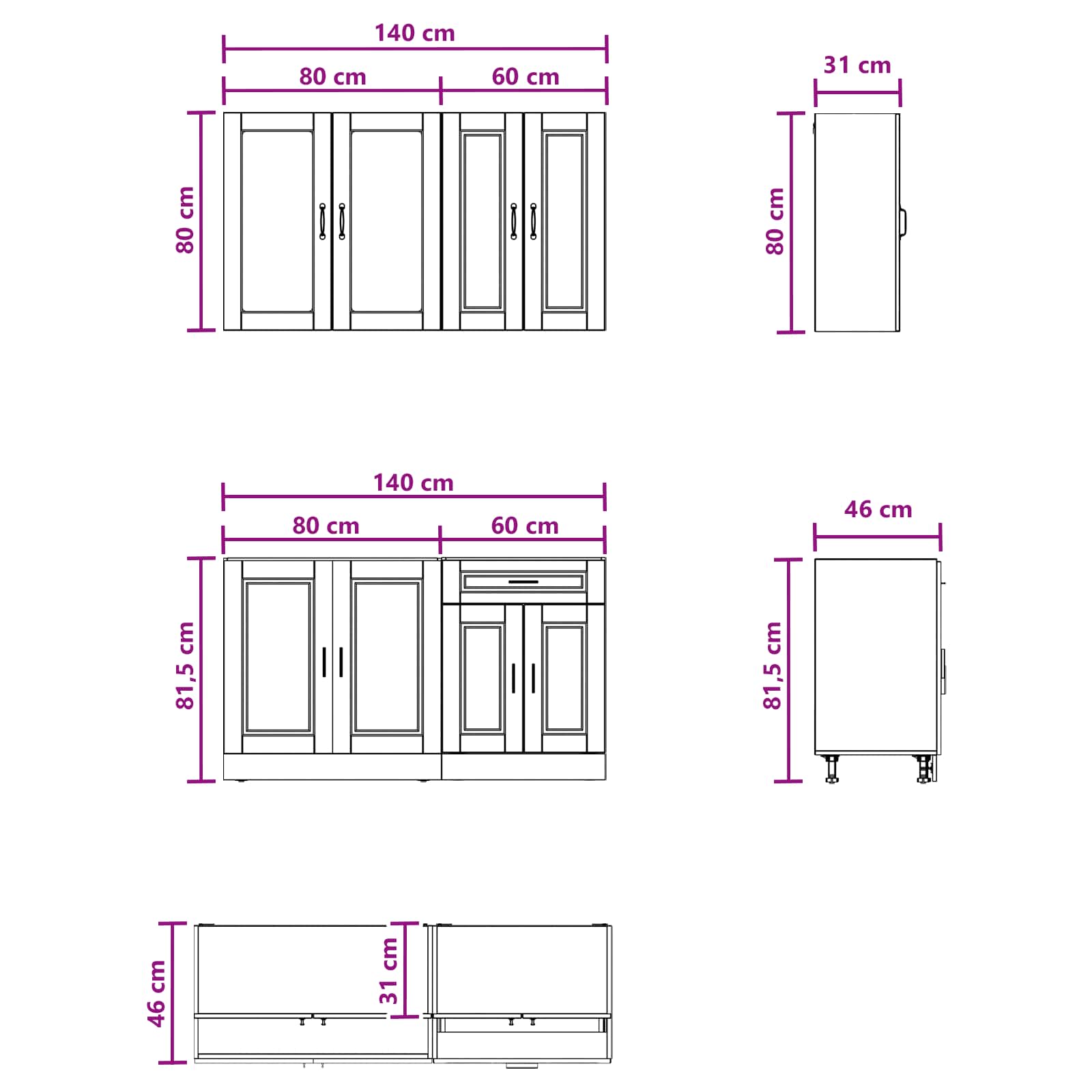 Kücheneinheit Porto 4 Pcs Hochglanz Weiß Holzwerkstoff