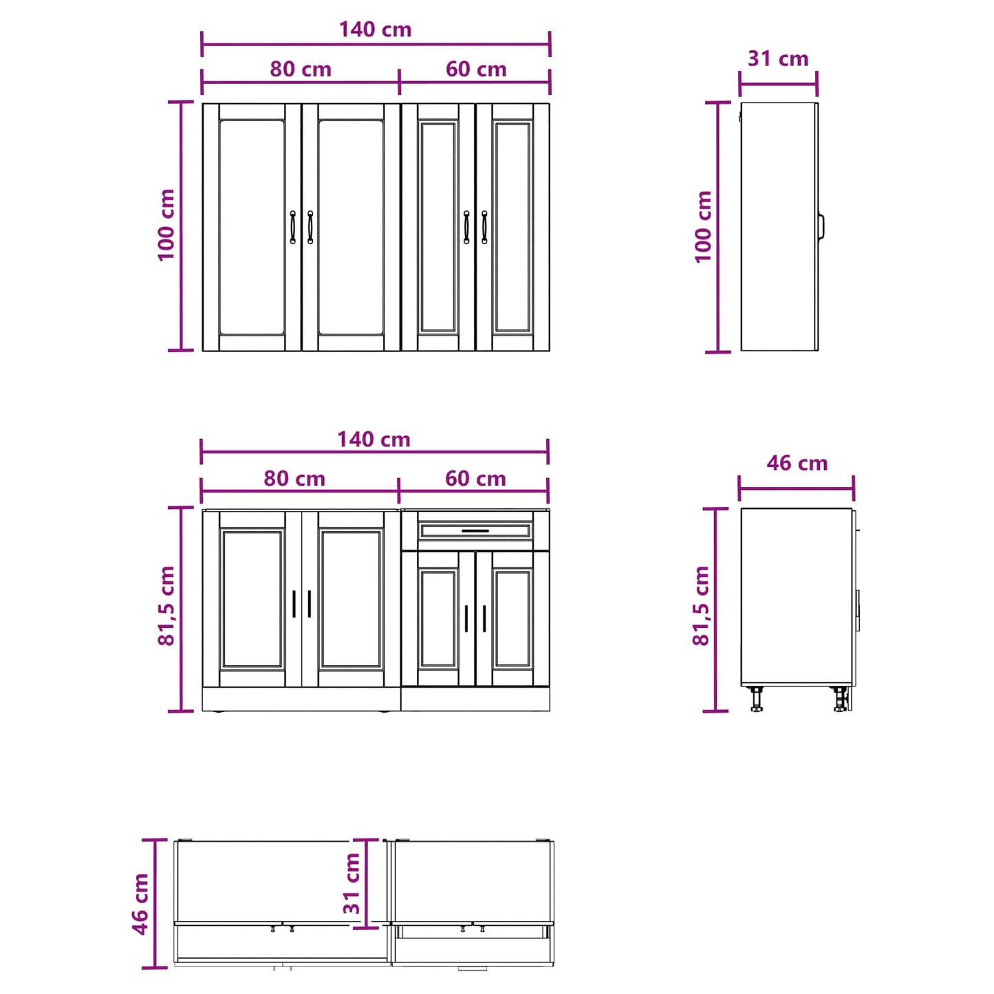 Kücheneinheit Porto 4 Pcs Geräucherte Eiche Holzwerkstoff