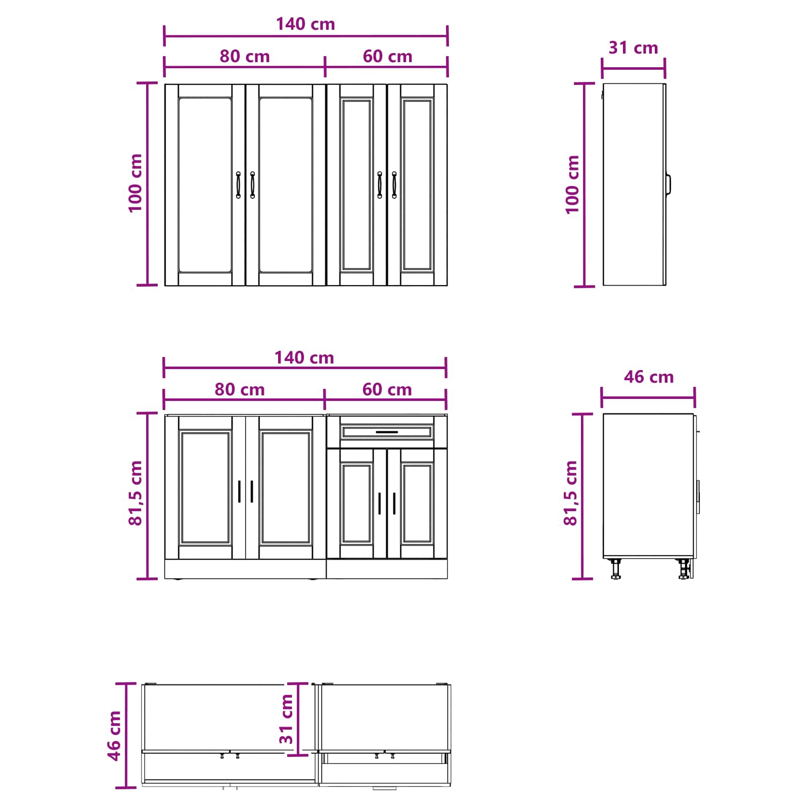Kücheneinheit Porto 4 Pcs Geräucherte Eiche Holzwerkstoff
