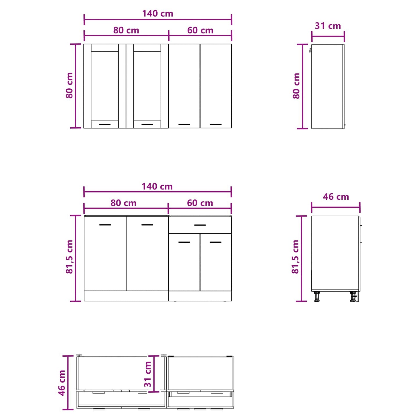 Kücheneinheit Lyon 4 Pcs Schwarze Eiche Holzwerkstoff