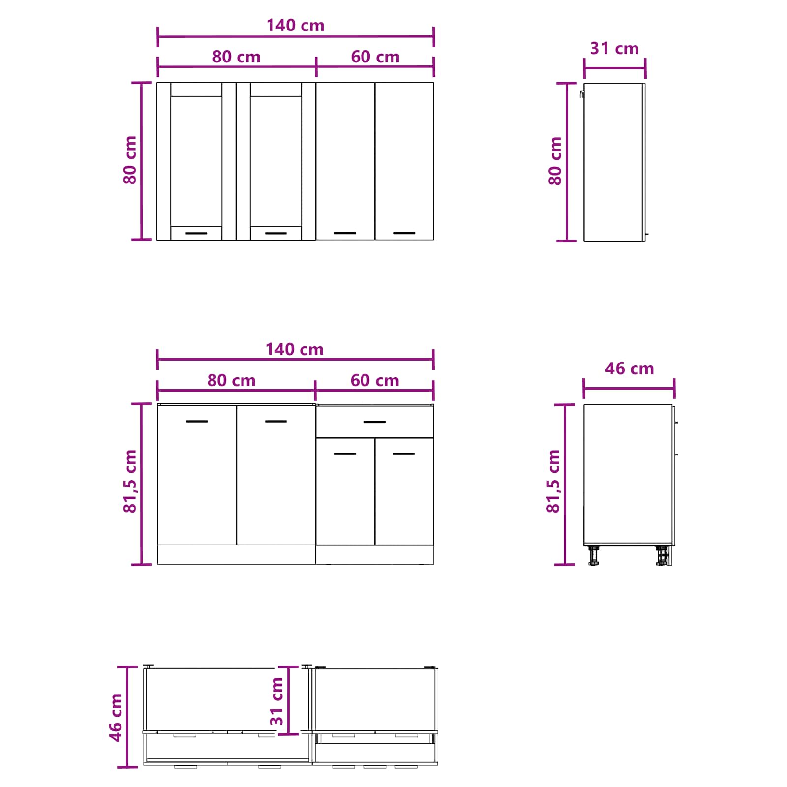 Kücheneinheit Lyon 4 Pcs Schwarze Eiche Holzwerkstoff