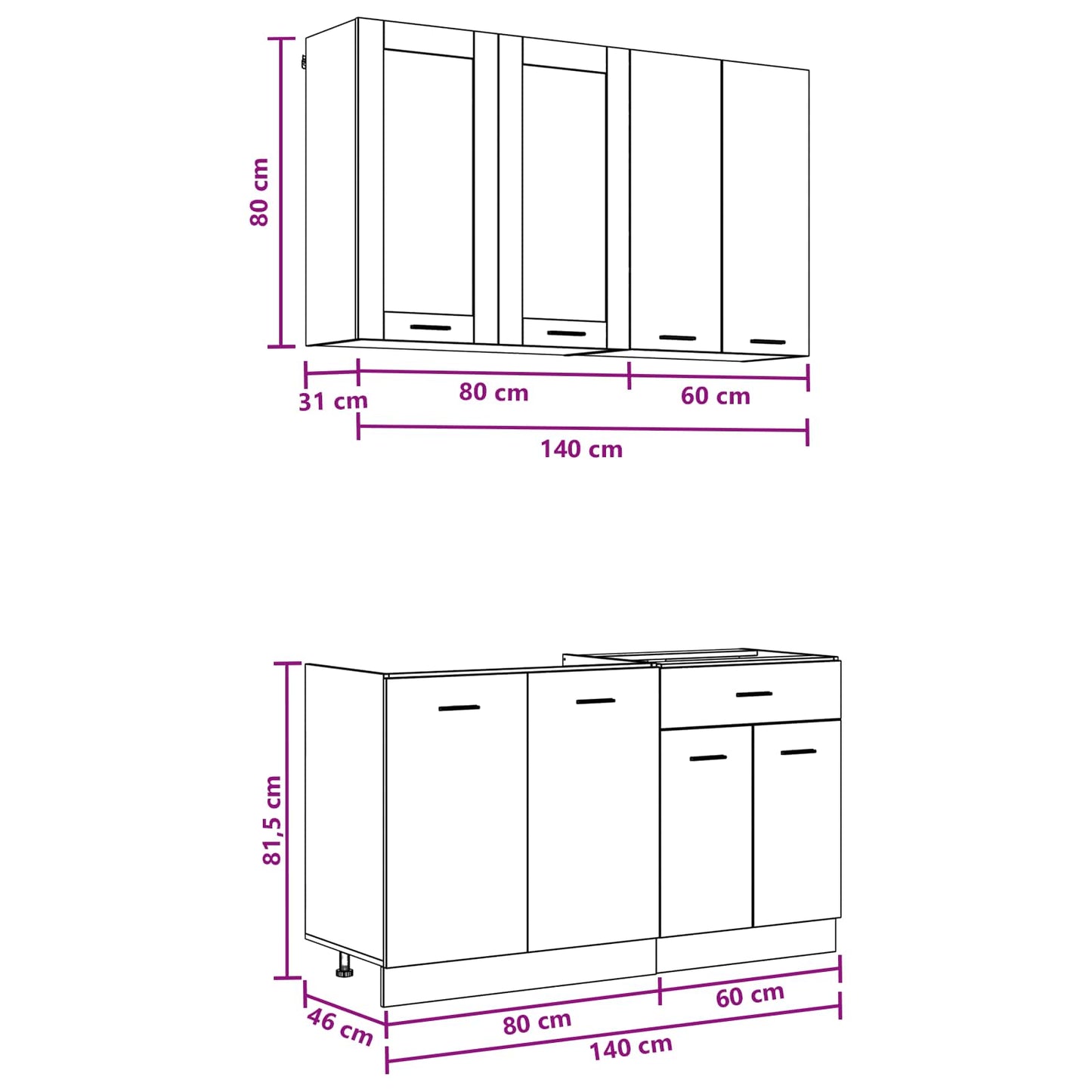 Kücheneinheit Lyon 4 Pcs Schwarze Eiche Holzwerkstoff