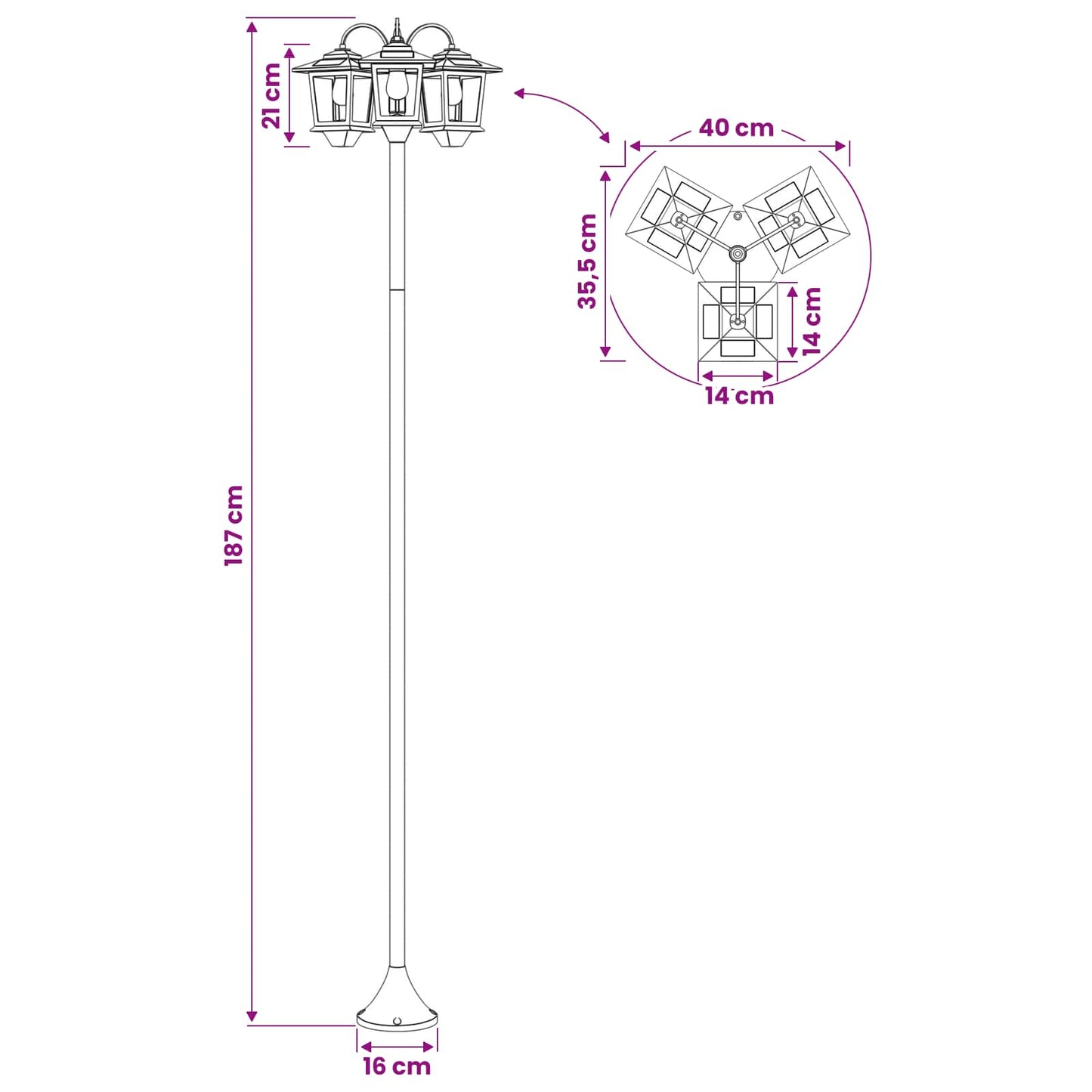 3-Kopf Laternenpfahl Schwarz 16 X 16 X 187 Cm Aluminium Und Abs