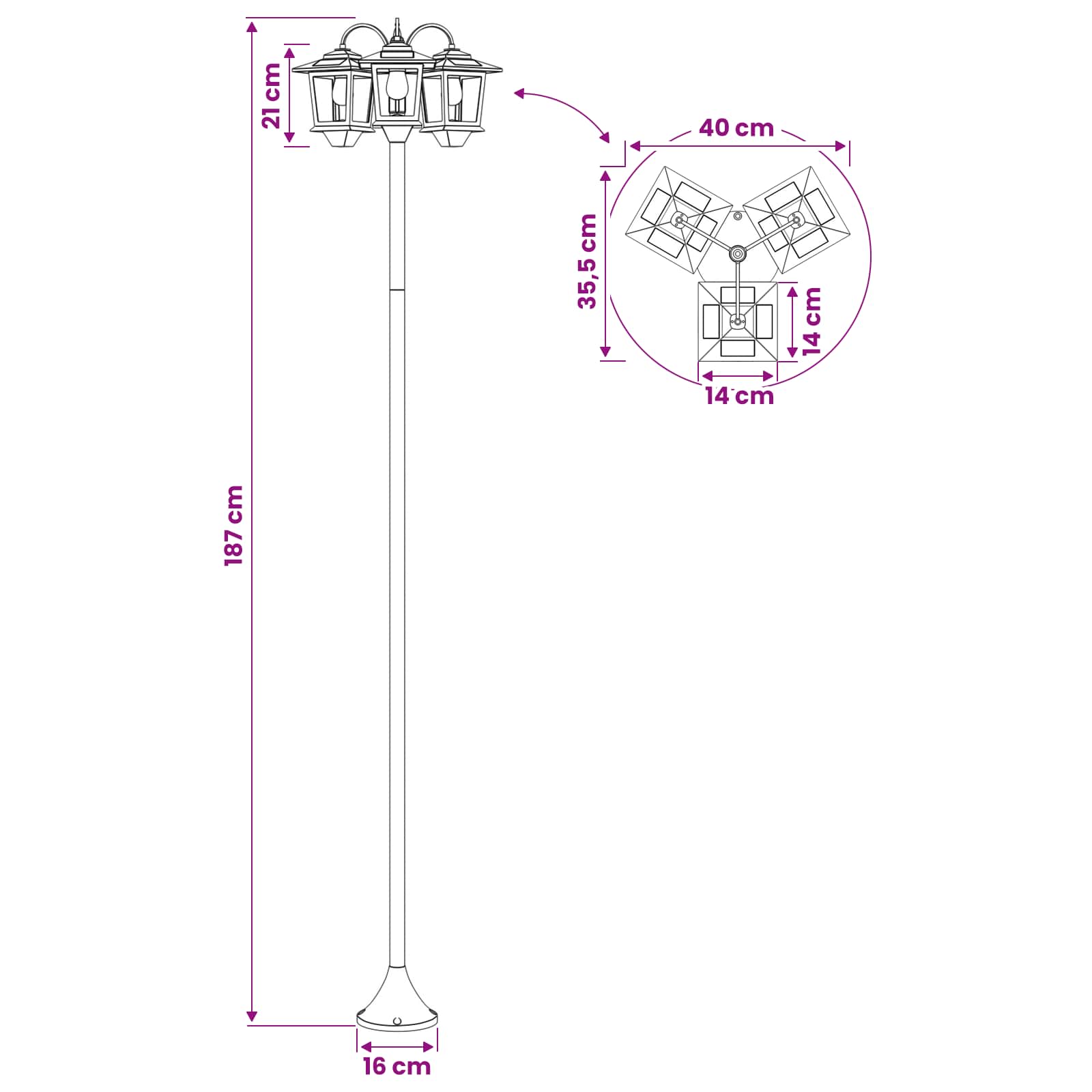 3-Kopf Laternenpfahl Schwarz 16 X 16 X 187 Cm Aluminium Und Abs
