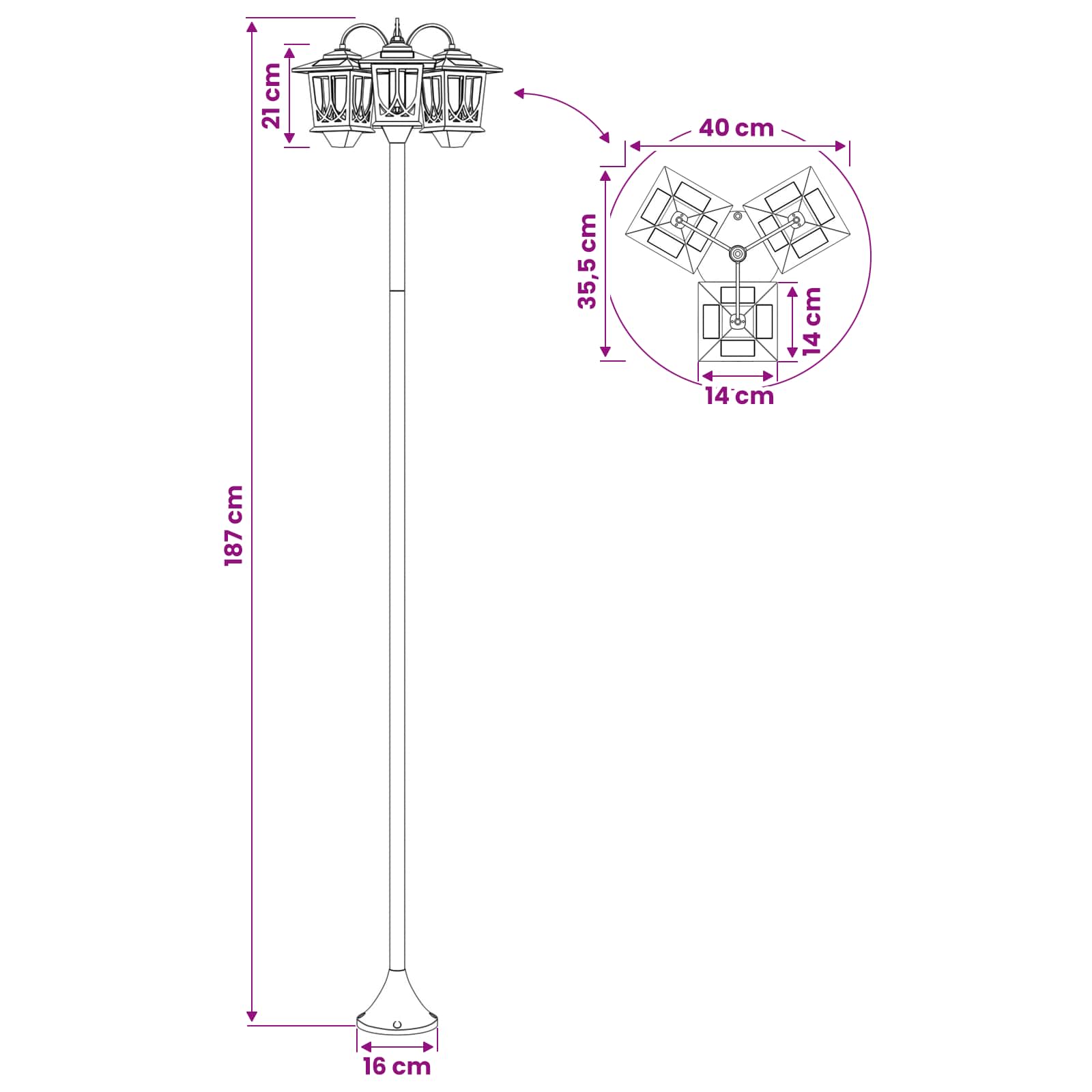 3-Kopf Laternenpfahl Schwarz 16 X 16 X 187 Cm Aluminium Und Abs