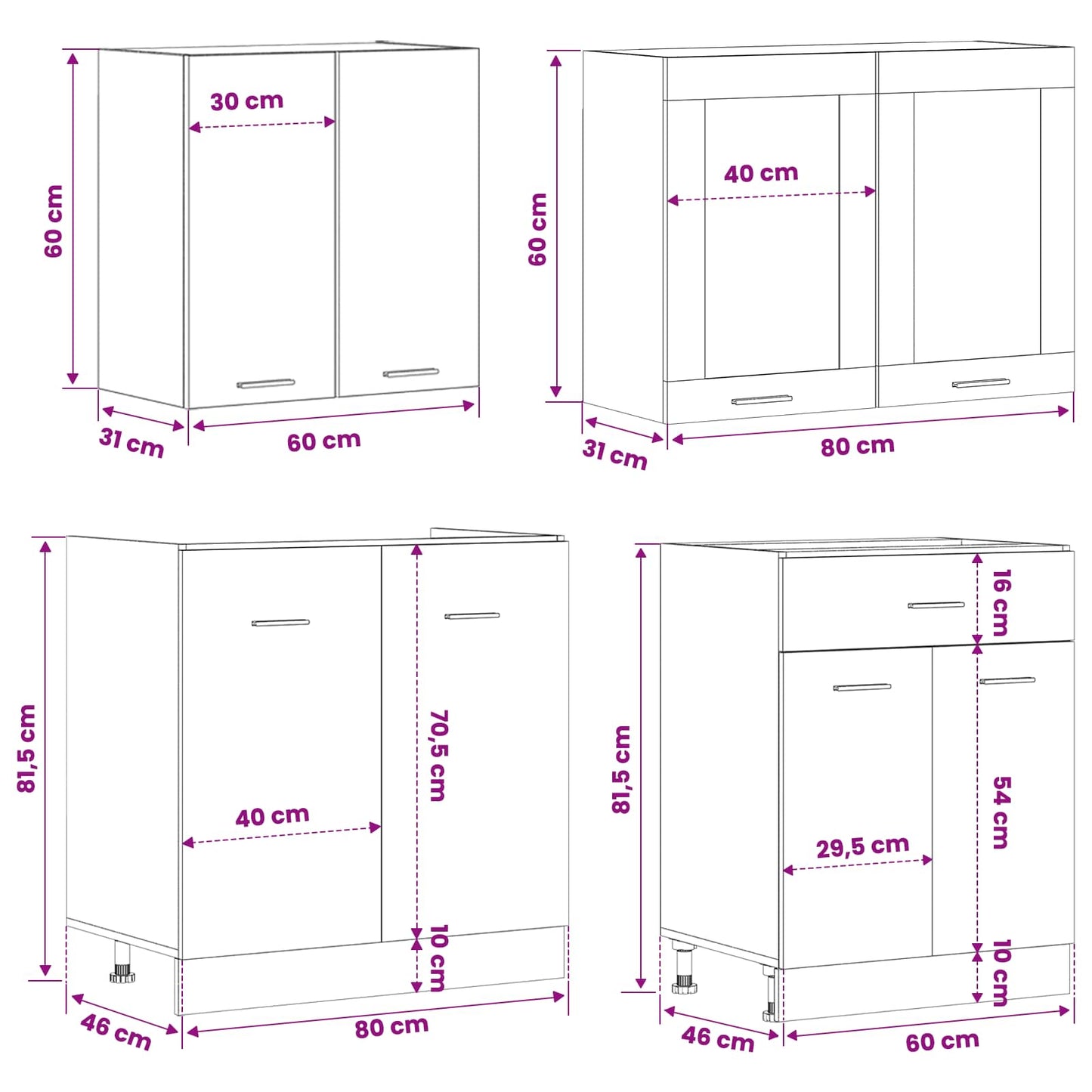 Kücheneinheit Lyon 4 Pcs Schwarze Eiche Holzwerkstoff