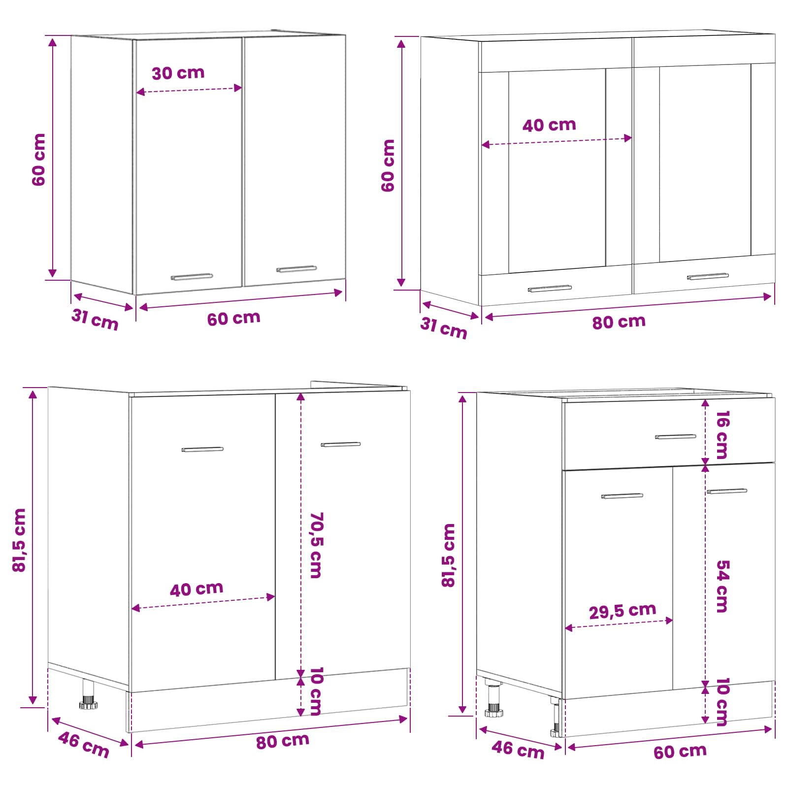 Kücheneinheit Lyon 4 Pcs Schwarze Eiche Holzwerkstoff