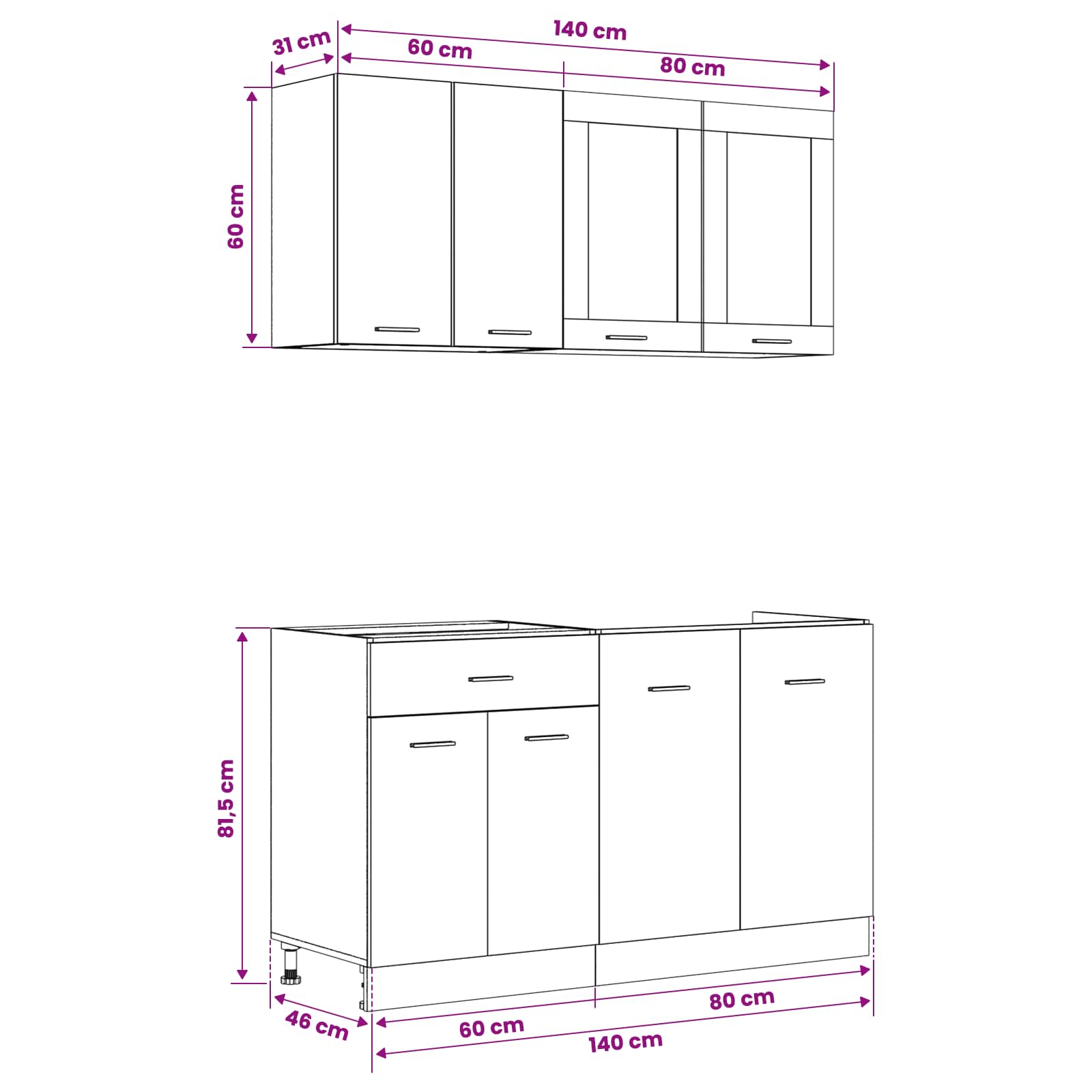 Kücheneinheit Lyon 4 Pcs Schwarze Eiche Holzwerkstoff